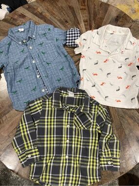 GAP Boys Button-Down Trio - Blue Chambray, White Dino Print, Black & Lime Plaid